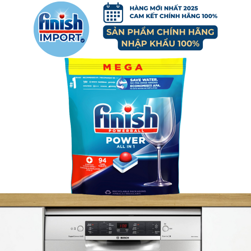 Túi 94 viên rửa chén Finish All in 1 (MEGA HÀNG MỚI VỀ) – (6x tính năng trong 1 viên) – (Dành cho máy rửa chén 9-10-12-13 bộ trở xuống).